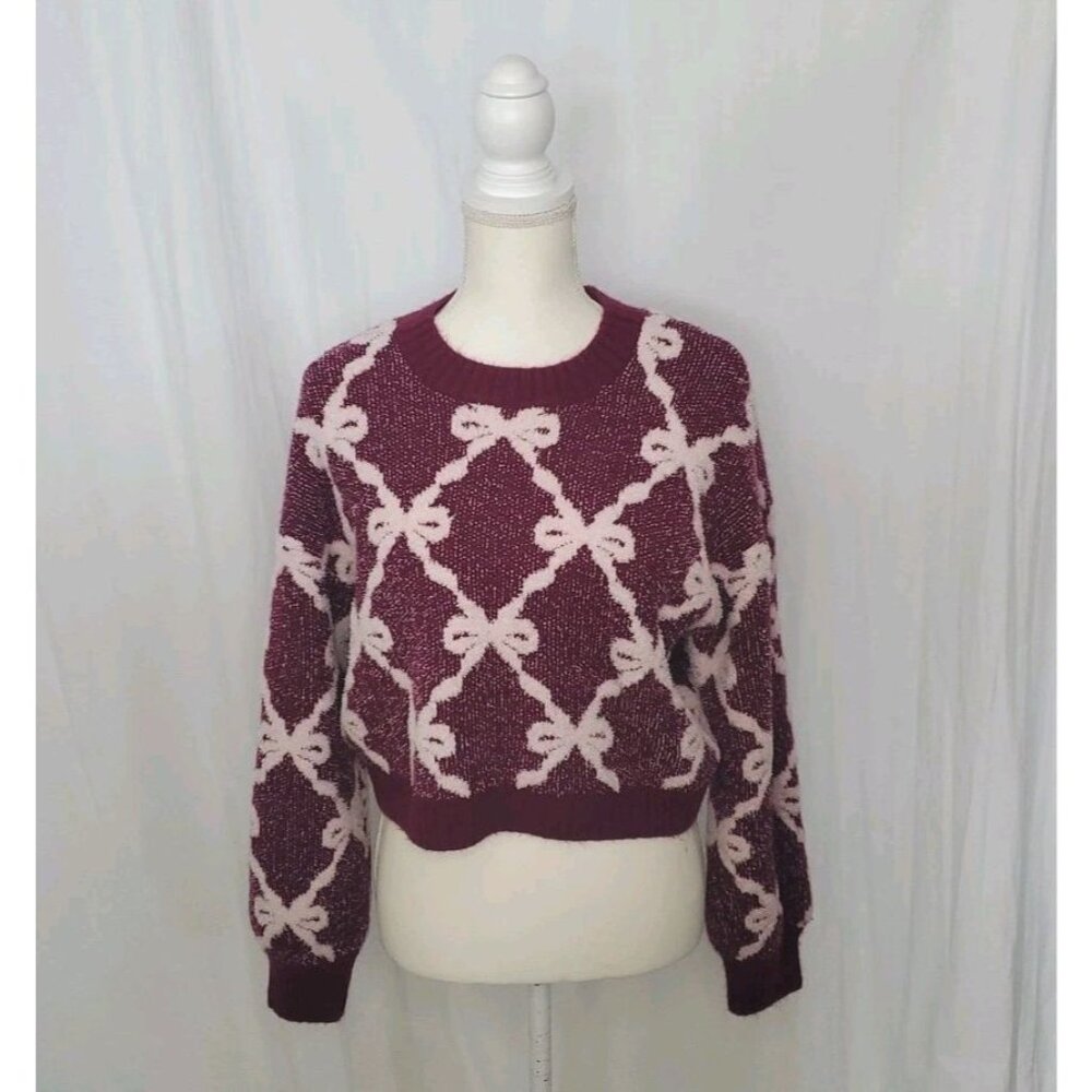 Derek Heart Cropped Bow Sweater Womens Size Large Soft Warm Comfy Preppy Purple